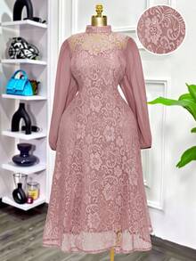 Modelyn Plus Size Pink Lace Patchwork Long Sleeve Dress
