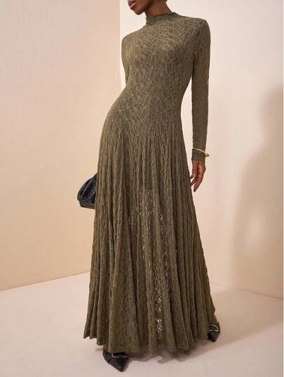 Veslaya 2025年秋季新款大码，适合生日派对、校园风、日常穿着、休闲装、度假装、邮轮旅行、海滩装、日光浴装、网络流行装、街头风格、优雅装、通勤装、商务休闲装、圆领长袖、公主线、超大A字廓形、军绿色蕾丝面料、有衬里、夏季超长连衣裙、秋季超长连衣裙、女式长裙