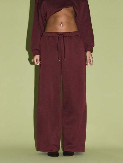 KIZN Wide Leg Sweatpants High Rise Casual Lounge Pants Cozy Comfortable Fall Winter Palazzo Style Elastic Waistband Drawstring Pockets Burgundy