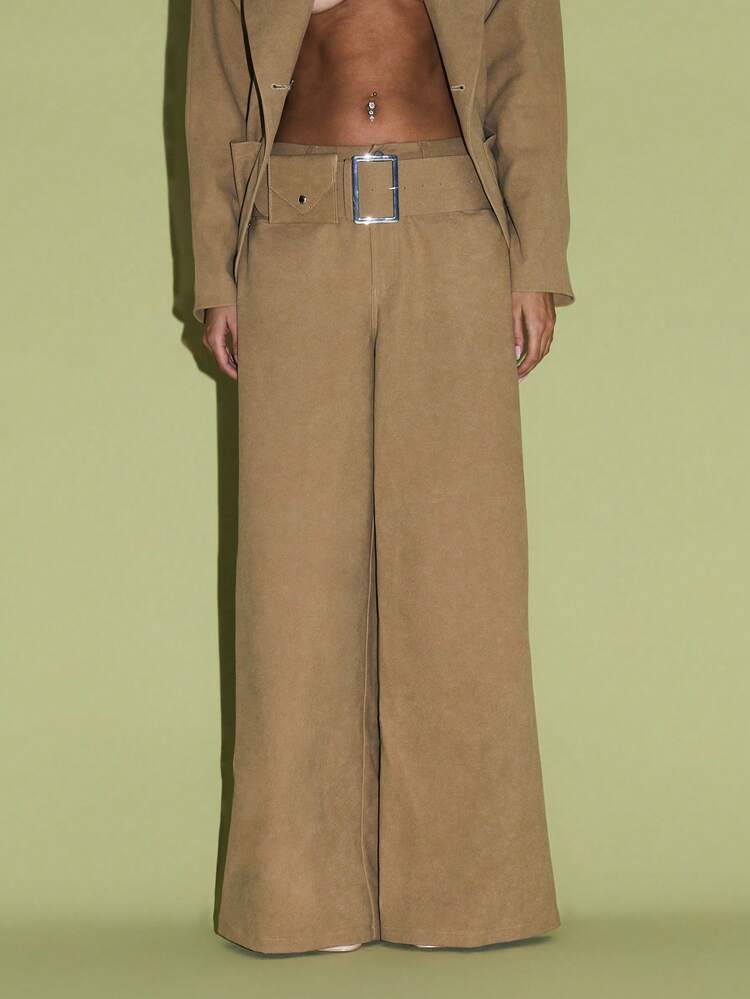KIZN Suede Wide Leg Pants With Large Buckle Belt
