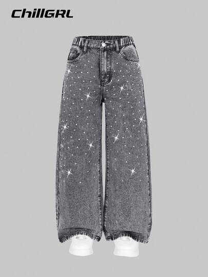 SHEIN Tween Girl Grey Fashion Simple Casual Rhinestone Decorated Loose Wide Leg Washed Denim Pants