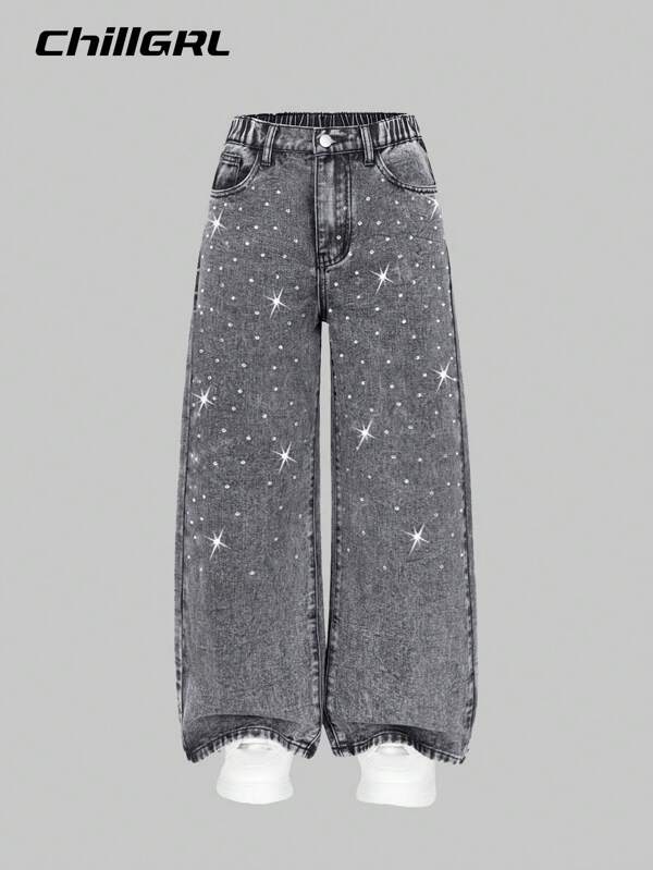 SHEIN Tween Girl Grey Fashion Simple Casual Rhinestone Decorated Loose Wide Leg Washed Denim Pants