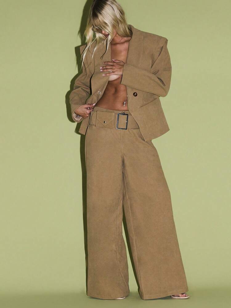 KIZN Suede Wide Leg Pants With Large Buckle Belt