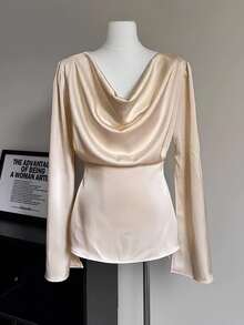 SHEIN Franclia Áo cánh tay dài cổ rộng thắt eo thanh lịch dành cho người đi làm - Màu be - Xem 3