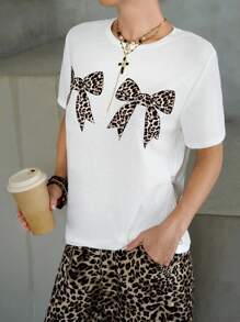 SHEIN EZwear Casual Leopard Bow Tie Print White Loose Round Neck Short Sleeve Women T-Shirt,Slightly Sheer Summer Back To School - White - View 6