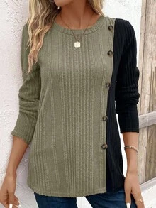 EMERY ROSE Women's Contrast Color Ribbed Long Sleeve T-Shirt For New Year Clothes Graphic Tees Women Tops For Spring - Multicolor - View 3