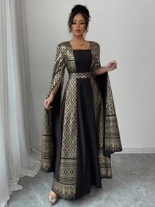 Rafferiza Fashionable Minimalist Square Collar Long Lantern Sleeve Foil Printed Spring & Summer Long Dress Fall Cloth For Women - Black - View 5