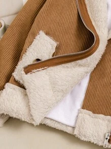Young Girl Zipper Collar Long Sleeve Patchwork Fleece Casual Motorcycle Jacket Fall Winter - Khaki - View 5