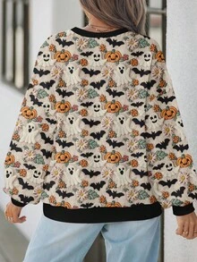 EMERY ROSE Bluza z nadrukiem dyni i potwora na Halloween w dużym rozmiarze, luźny krój, okrągły dekolt, długi rękaw, kostium na Halloween, jesienna bluza damska, zimowa, jesienna bluza damska na Halloween - Wielokolorowe - Zobacz 3