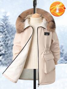 SHEIN Parka de niña para otoño/invierno, nueva llegada, con cuello de piel, bolsillos grandes, con capucha, cintura ajustada, moda minimalista, abrigo de algodón de largo medio