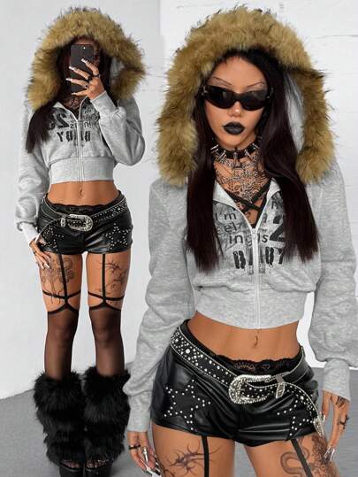 Coolane Sudadera con capucha de estilo parchwork gris francés suave para mujer, ideal para salir, festivales, conciertos country y uso casual en otoño con estilo Y2K y gótico