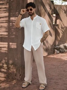 Genlund Herren Set aus Hemd mit Stehkragen und Kurzarm und Hose mit Kordelzug Taille - Verschiedenfarbig - Übersicht 4
