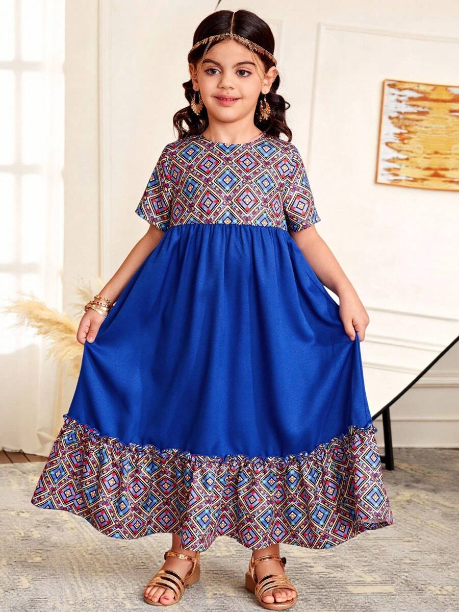 SHEIN DRMZ 年轻女孩雪纺碎花休闲度假连衣裙 - 藍色 - 查看 1