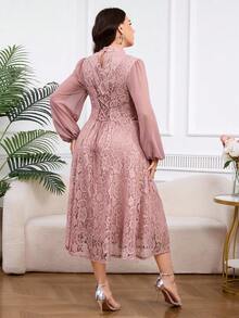 Modelyn Plus Size Pink Lace Patchwork Long Sleeve Dress