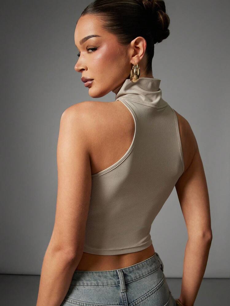Hauture 2 Ways Ribbed Knit Crop Halter Top Tube Top Bodysuit - Light Grey - View 4