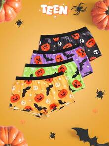 4pcs Halloween Pumpkin, Bat, Skull Colorblock Funny Cute Comfortable Boyshort Panties For Teens Kids Halloween Boxers - Multicolor - View 1