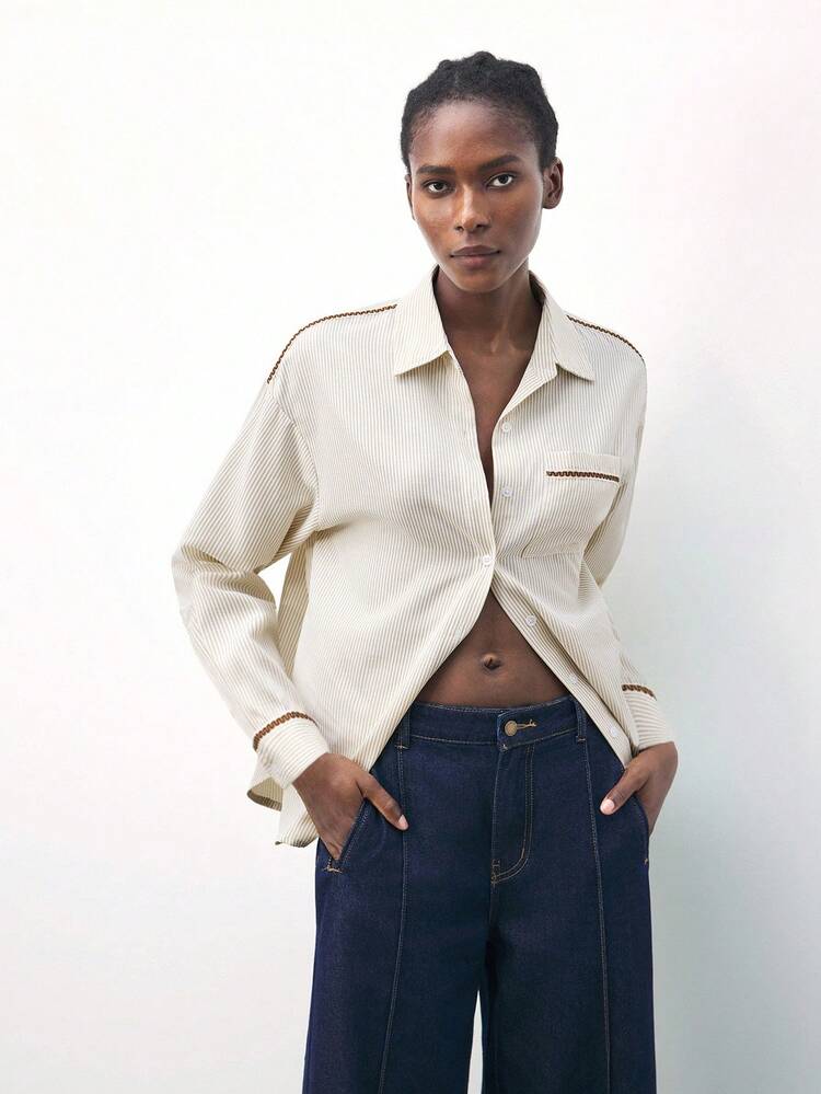 SHEIN Maija Camisa de mujer a rayas color albaricoque con bolsillos, suelta y cómoda, casual y urbana para la playa, colección de blusas de mujer elegantes para Navidad