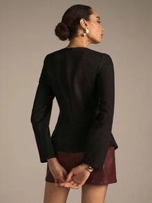Modelyn 编织无弹力黑色长袖金属纽扣修身户外衬衫，时尚优雅，适合女性，女士秋季服装，女士西装外套，女士优雅衬衫 - 黑色 - 查看 2