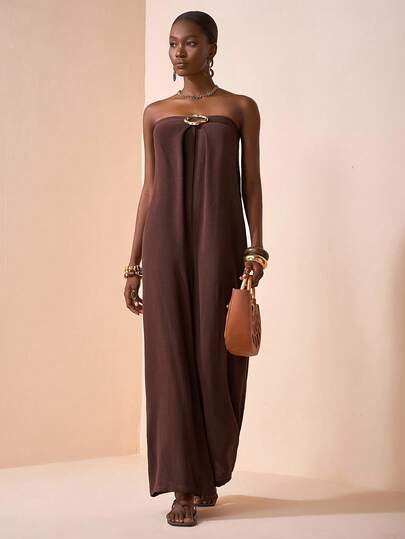 Zivah 2025 年夏秋新品，适合生日派对、返校、校园风格、日常穿着、休闲装、邮轮旅行、海滩、日光浴、时尚、街头服饰、优雅、通勤、商务休闲、派对、宴会、露肩褶饰金色装饰、宽松直筒裤、棕色、秋季女式长款连体裤