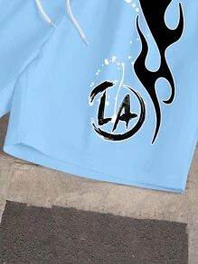 Manfinity EMRG 2 件套男士肖像和字母印花休闲圆领短袖 T 恤和抽绳短裤，街头风格 T 恤和短裤套装 - 彩色 - 查看 3