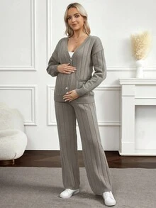 SHEIN Fashionable Solid Color Loose Knit Set, Maternity Sweater Set For Autumn/Winter - Grey - View 3