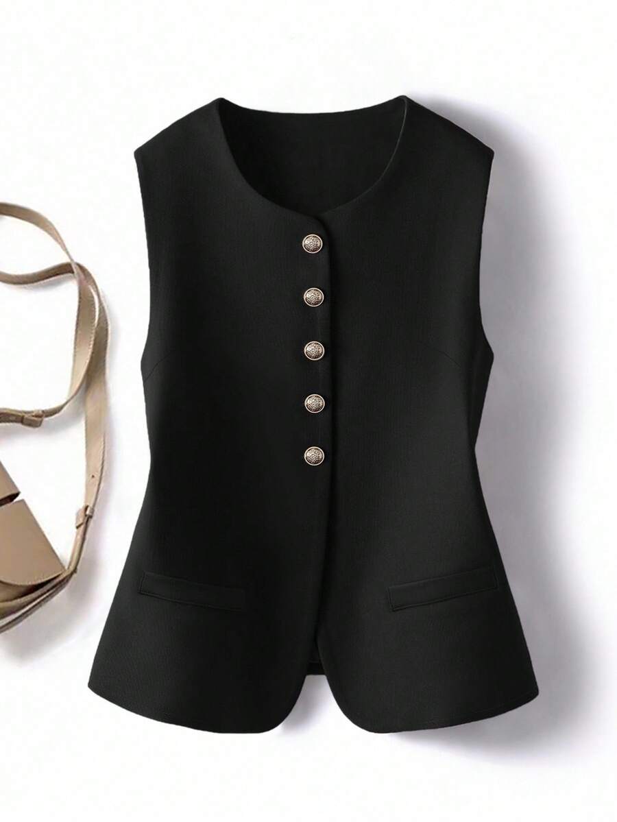 SHEIN LUNE 复古优雅休闲圆领开襟女式上衣 - 黑色 - 查看 1