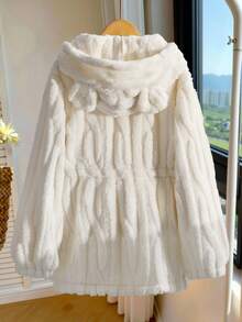 SHEIN 女童休闲时尚双面针织羊毛连帽夹克，3D 耳朵装饰，长袖拉链松紧腰中长款舒适外套 - 杏色 - 查看 2