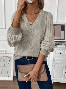 EMERY ROSE Women's Casual V-Neck Ribbed Long Sleeve T-Shirt, Autumn Fall Cloth For Women - Apricot - View 3