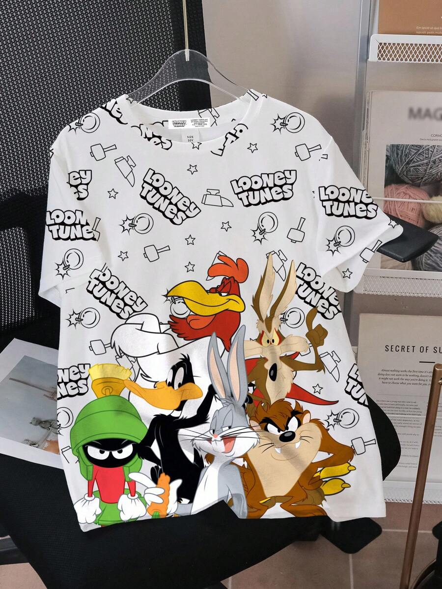 LOONEY TUNES X SHEIN 青少年男孩字母和卡通图案圆领短袖T恤 - 白色 - 查看 1
