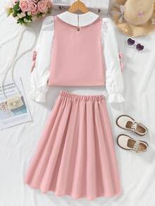 Tween Girl Colorblock Bow Decor Shirt & Skirt Set Fall Winter - Multicolor - View 3