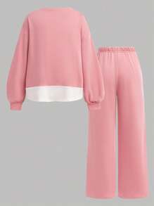 青春期女孩粉色、旅行、春夏、假期、返校节、休闲针织拼布、编织标记、圆领长袖上衣和裤子套装、返校毕业服装 - 粉色 - 查看 3