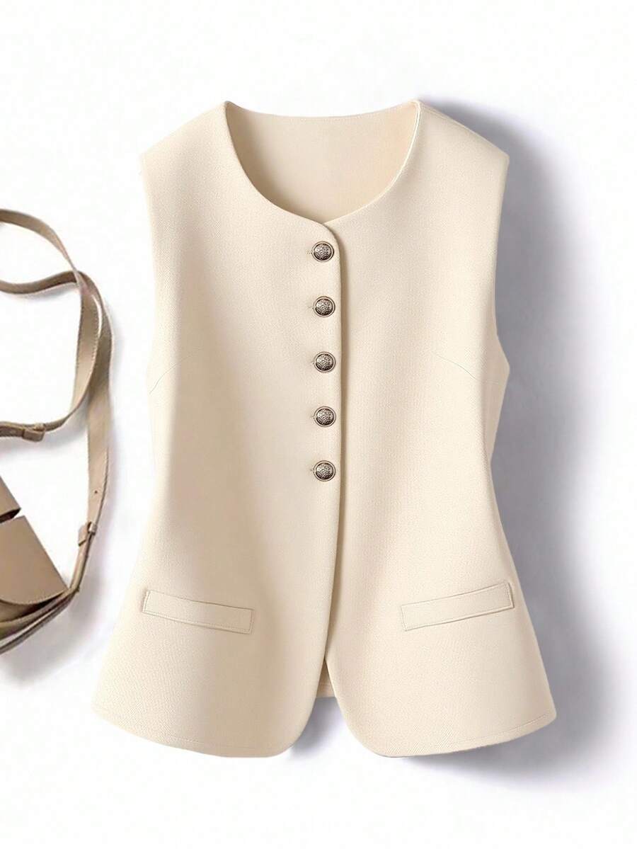 SHEIN LUNE Áo kiểu dáng cổ điển thanh lịch, giản dị, cổ tròn, không cài cúc phía trước dành cho nữ. - Màu be - Xem 1