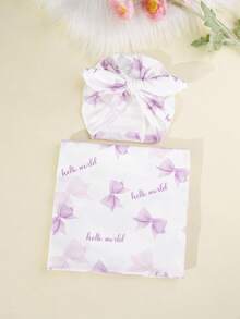 SHEIN 2er Set Neugeborenen Fotografie Wickeltuch Rosa Schleifenmuster Baby Mädchen Foto Requisiten mit Schleife Turban Hut Neugeborenen Decke