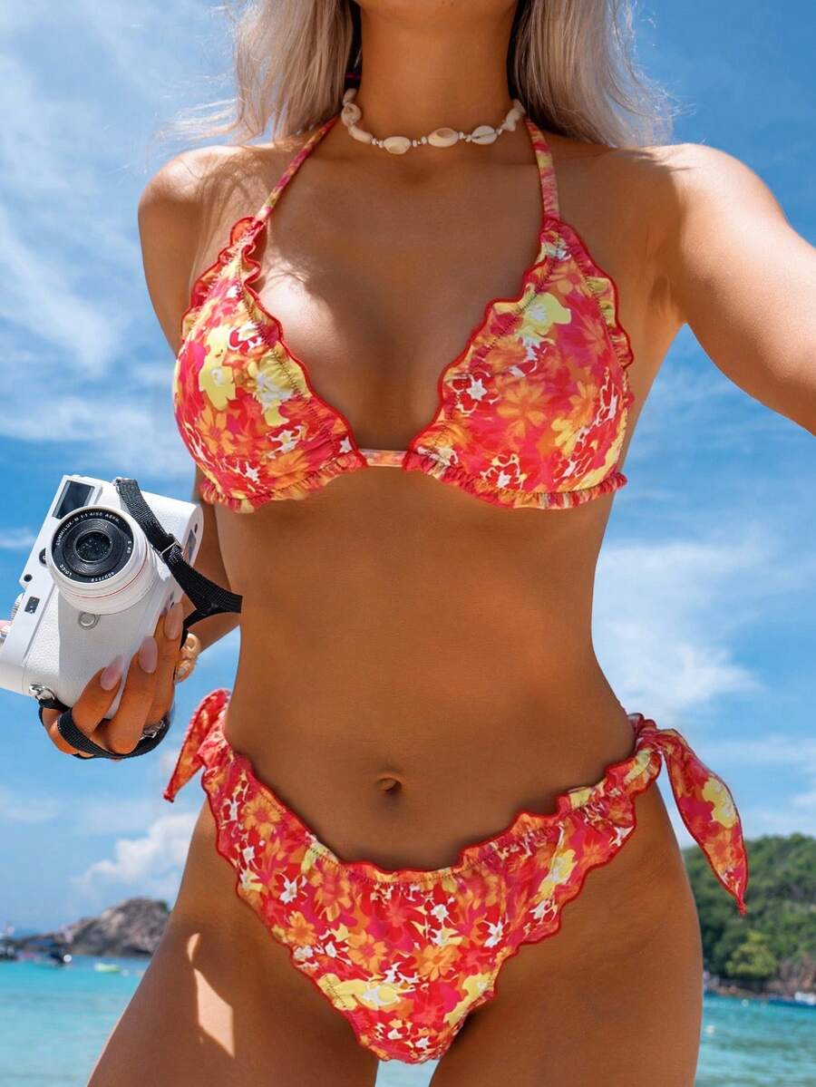 Swim Mod 2pcs/Set New Summer Vacation Sexy Floral Ruched Halter Backless Triangle Cup Bikini Set - Multicolor - View 1