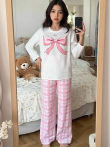 SHEIN 少女格子蝴蝶结图案休闲宽松简约圆领落肩短袖长裤睡衣套装，适合秋冬季 - 粉色 - 查看 4