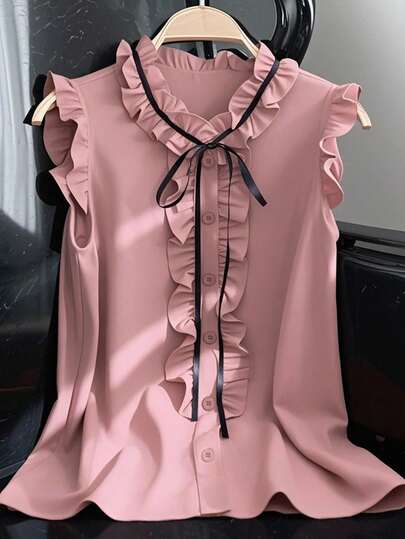 Franclia Blusa suelta y casual con volantes sin mangas, elegante blusa de verano roja para mujer