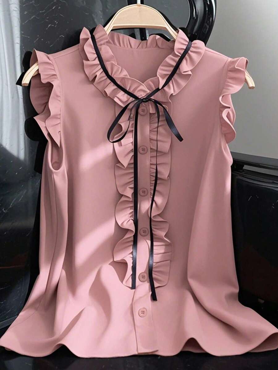 Franclia 休闲宽松荷叶边无袖衬衫，优雅女士红色夏季上衣 - 藕粉色 - 查看 1