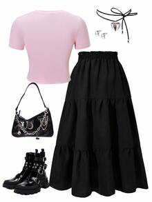 SHEIN Explorewe 2pcs/Set Tween Girls Pink Printed Pullover T-Shirt & Layered Ruffle Hem Skirt Set - Multicolor - View 2