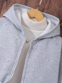 SHEIN Teen Girls Casual Chic Faux Pearl Embellished Thermal Lined Zip-Up Sweatshirt - Grey - View 6