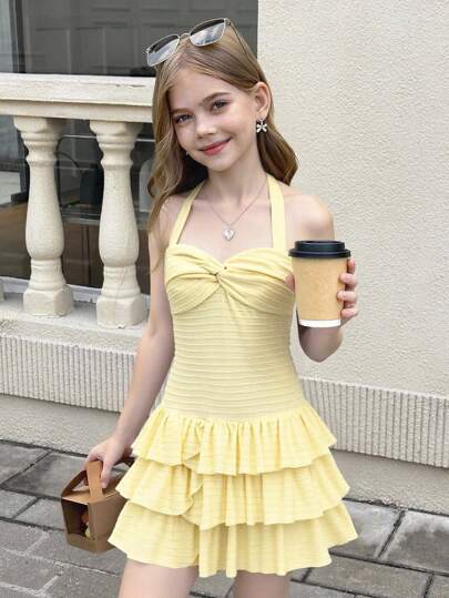 SHEIN 青少年女孩度假优雅纯色扭褶荷叶边下摆挂脖连衣裙