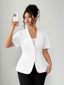 Elenzga Blazer blanco casual de estilo francés de manga corta, de tela rígida y abotonadura sencilla para mujer de talla grande