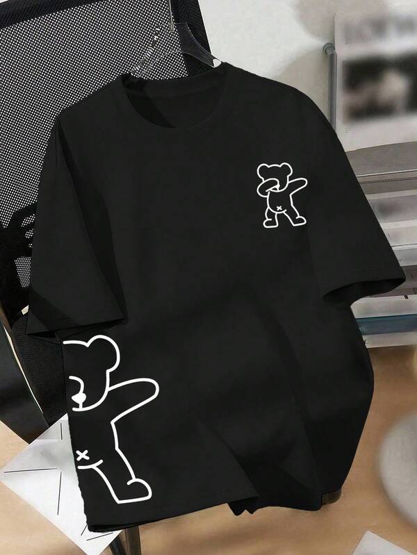 Flirla Women's Cute Bear Print Round Neck Casual Plus Size T-Shirt