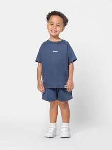 SUMWON 超大号 Studios 儿童套装 徽标印花 T 恤搭配短裤 舒适夏季休闲装套装 男童 - 藍色 - 查看 1