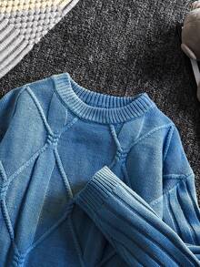 SHEIN 青少年男童休闲半高领套头长袖纹理针织毛衣，适合学校、花园、海滩、生日、春季、夏季、秋季、冬季 - 藍色 - 查看 5