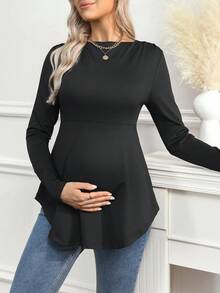 SHEIN Maternity Solid Color Long Sleeve Round Neck Loose Fit T-Shirt