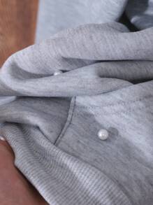 SHEIN Teen Girls Casual Chic Faux Pearl Embellished Thermal Lined Zip-Up Sweatshirt - Grey - View 5