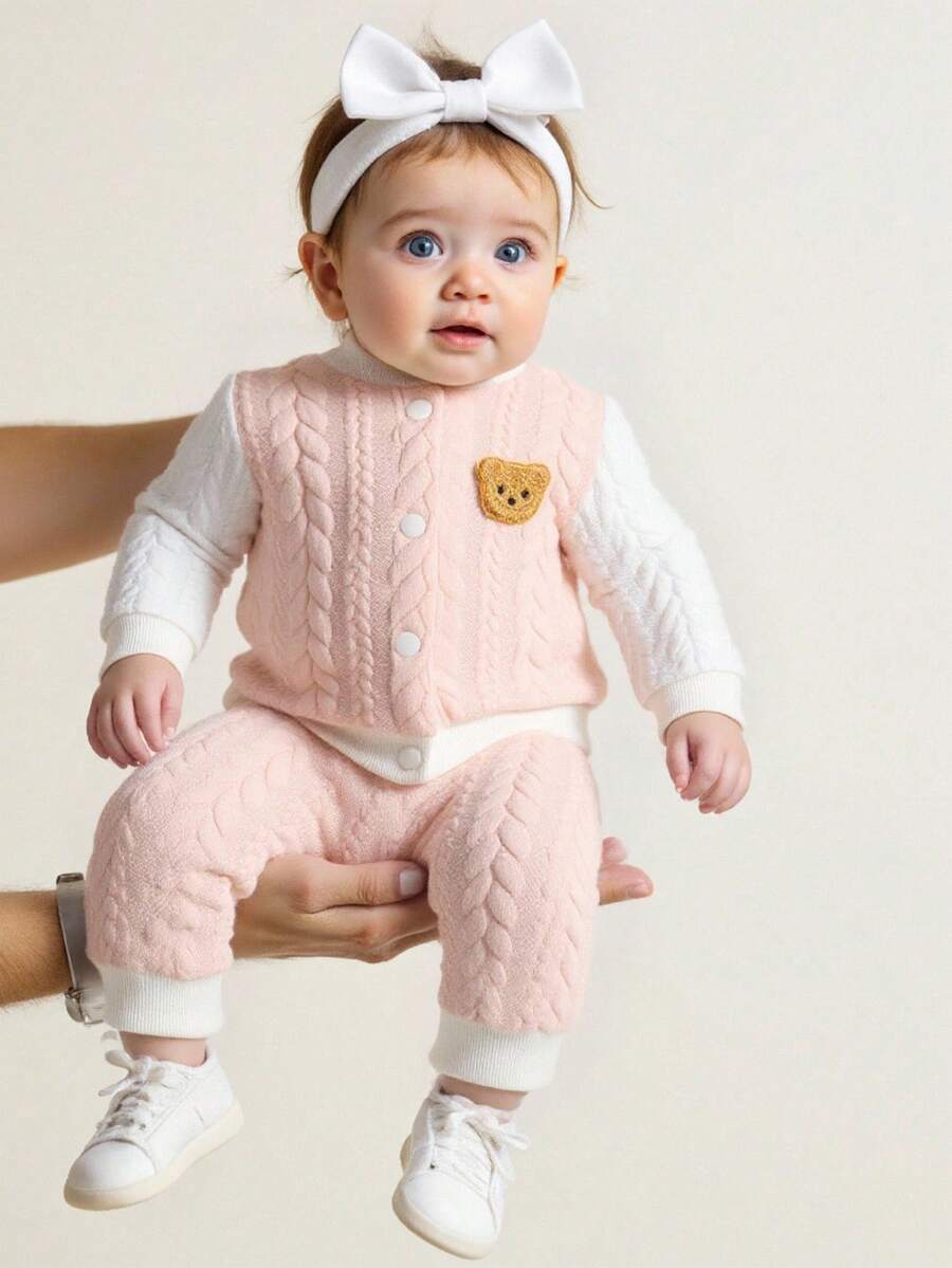 SHEIN 新生儿秋冬新款棉混纺长袖熊图案时尚婴儿两件套，长袖上衣和裤子 - 粉色 - 查看 1