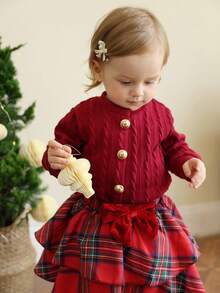 SHEIN Baby Girl Versatile Autumn/Winter/Christmas Set: Solid Red Round Neck Long-Sleeved Top Paired With A Red Plaid Elastic Waist Skirt. Perfect For Christmas Gifts, Autumn Dresses, Christmas Celebrations, Back-To-School Wear, And Carnivals. - Burgundy - View 5