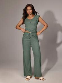 Lazeform Women's Casual Solid Color Waffle Ruffle Trim Short Sleeve Jumpsuit Women Lounge Set Sage Green Lounge Set