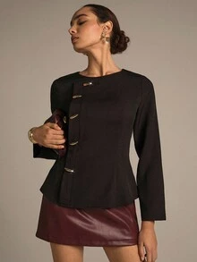 Modelyn 编织无弹力黑色长袖金属纽扣修身户外衬衫，时尚优雅，适合女性，女士秋季服装，女士西装外套，女士优雅衬衫 - 黑色 - 查看 3